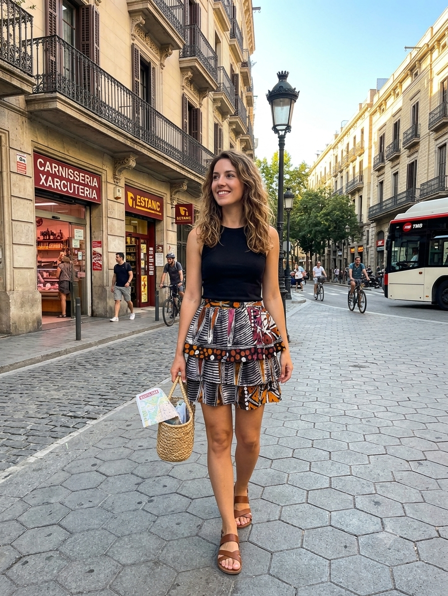 Woman wearing the batik cotton crepe layered skirt with a black tank top on a Barcelona street