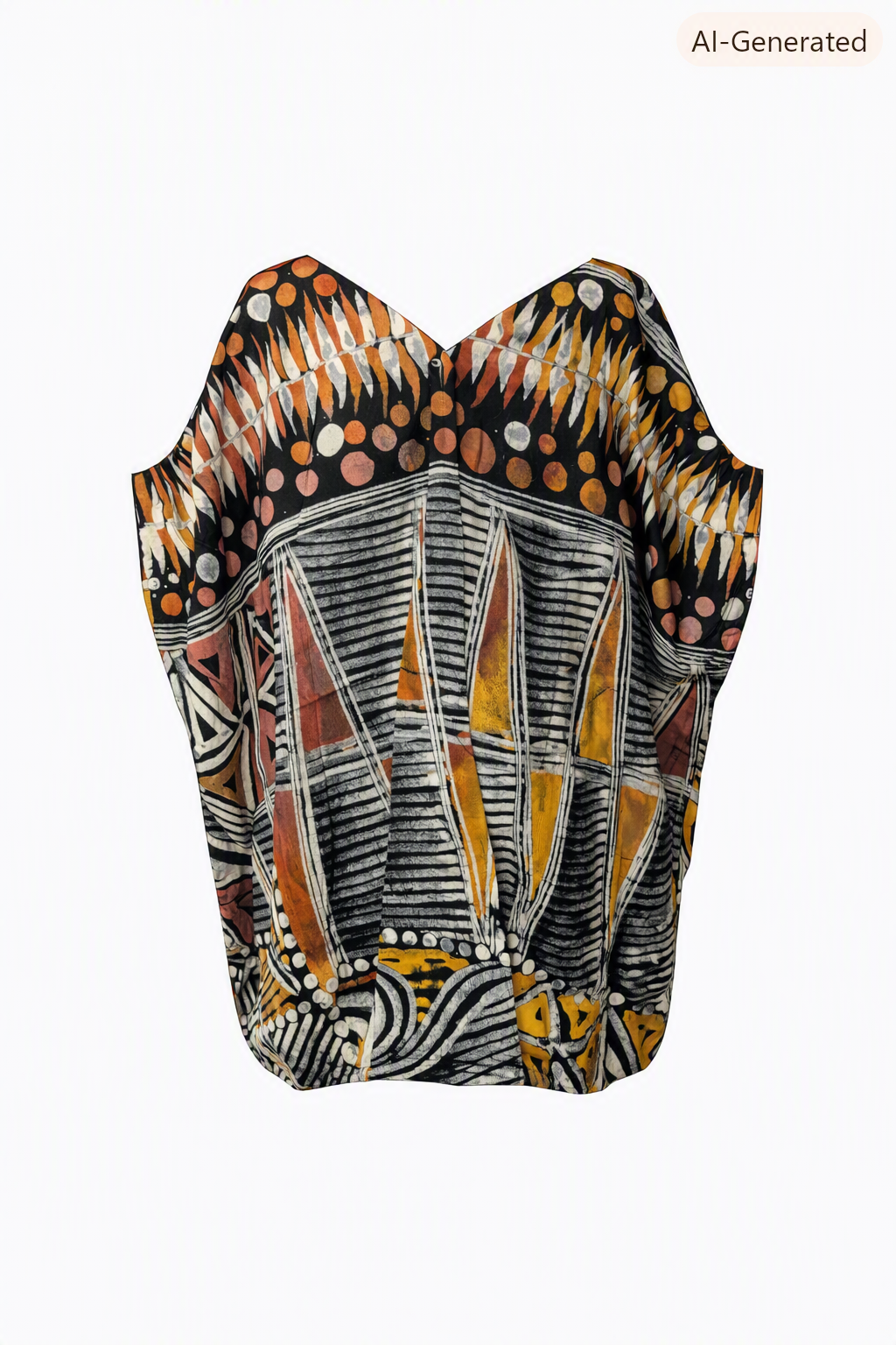 Back view of the batik short boubou showing sunburst and striped hand-dyed patterns