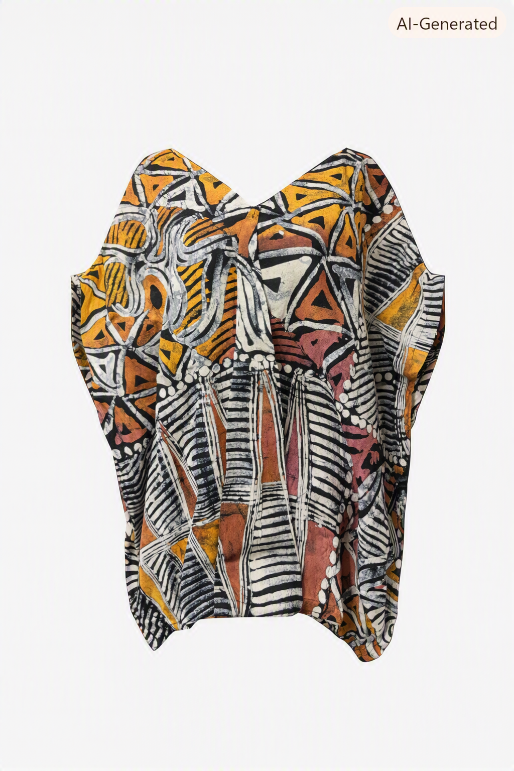 Front view of the hand-dyed batik short boubou in ochre, terracotta and black cotton crepe
