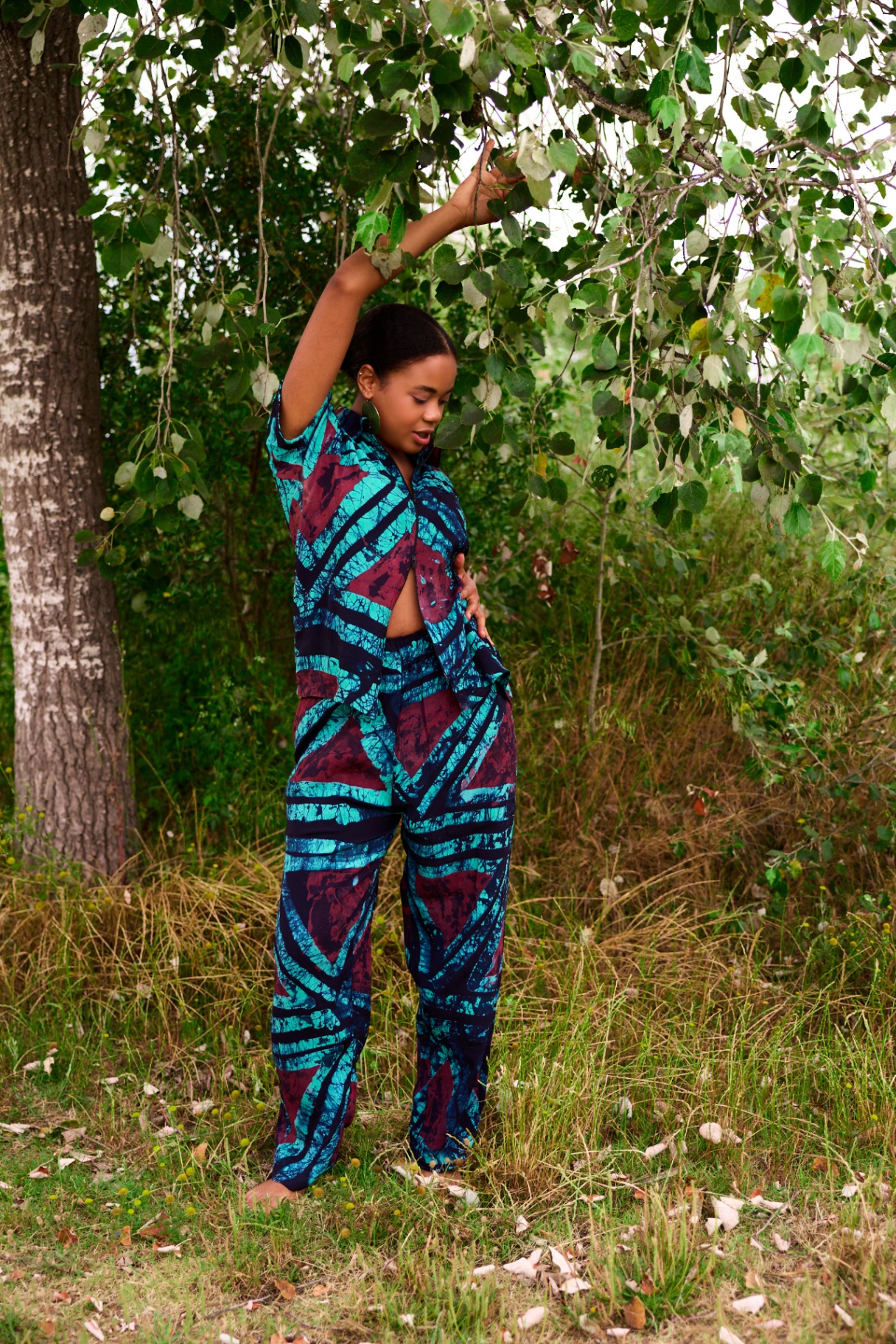 Side view of the Ife Batik Co-ord top and matching trousers