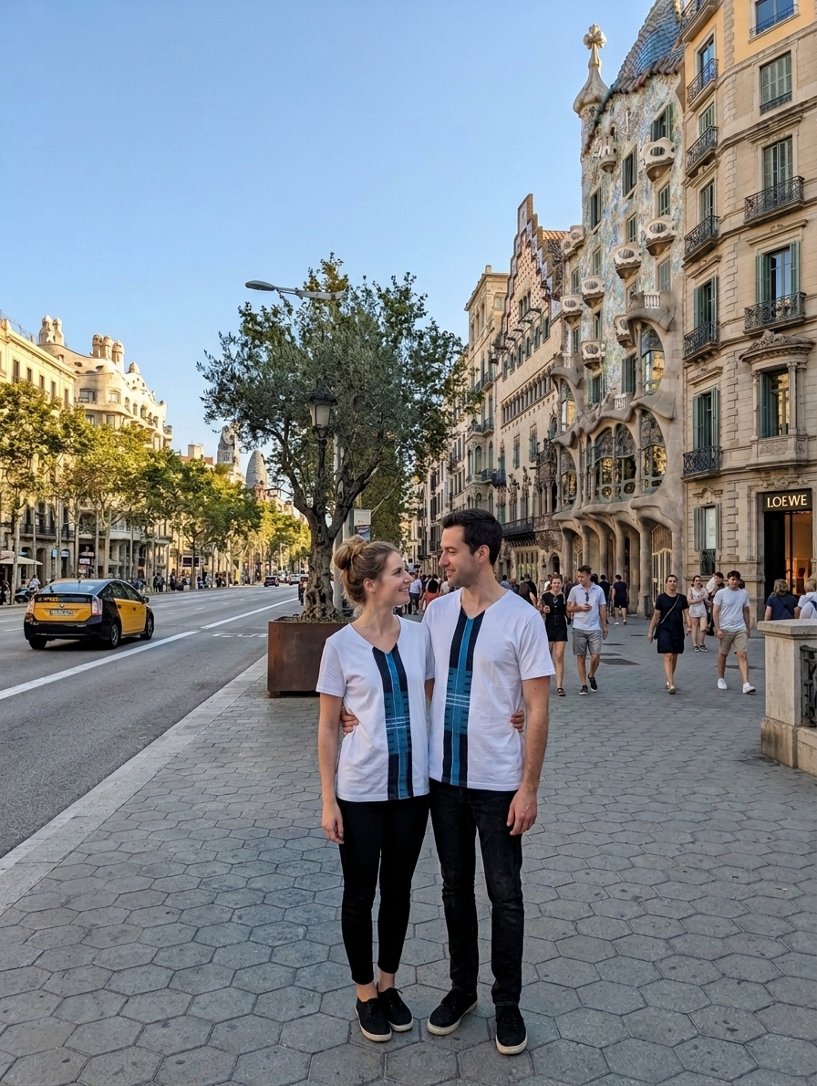Couple wearing the Blue Asooke unisex tee on Passeig de Gracia in Barcelona
