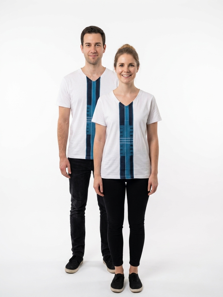 Man and woman wearing the Blue Asooke unisex tee with handwoven blue strip