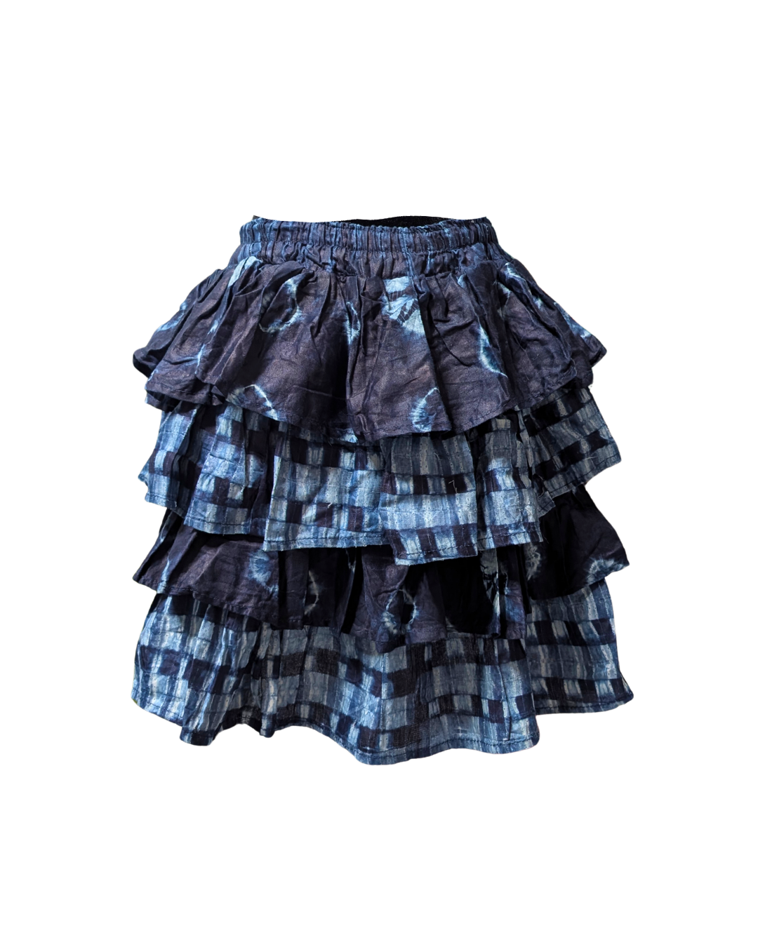 Indigo tie & dye and batik tiered cotton skirt with elastic waistband