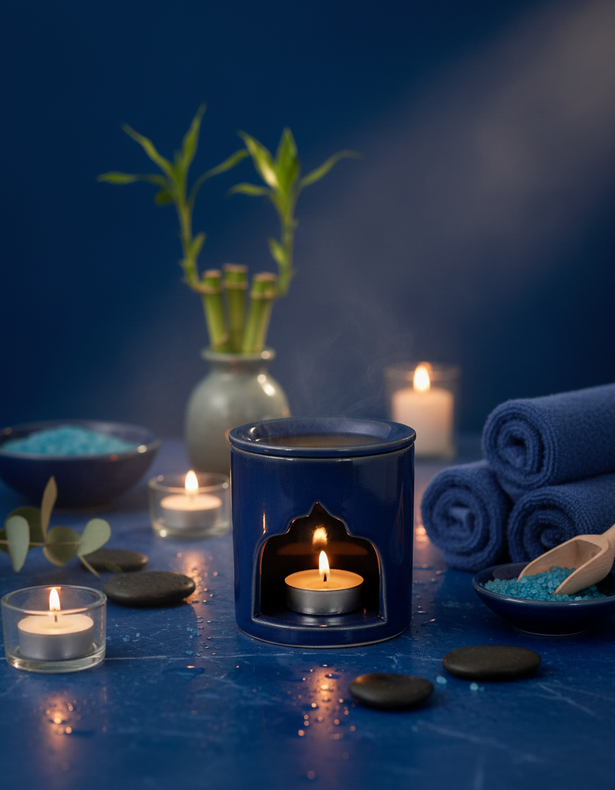 Blue Kasbah ceramic oil burner styled with candles and towels
