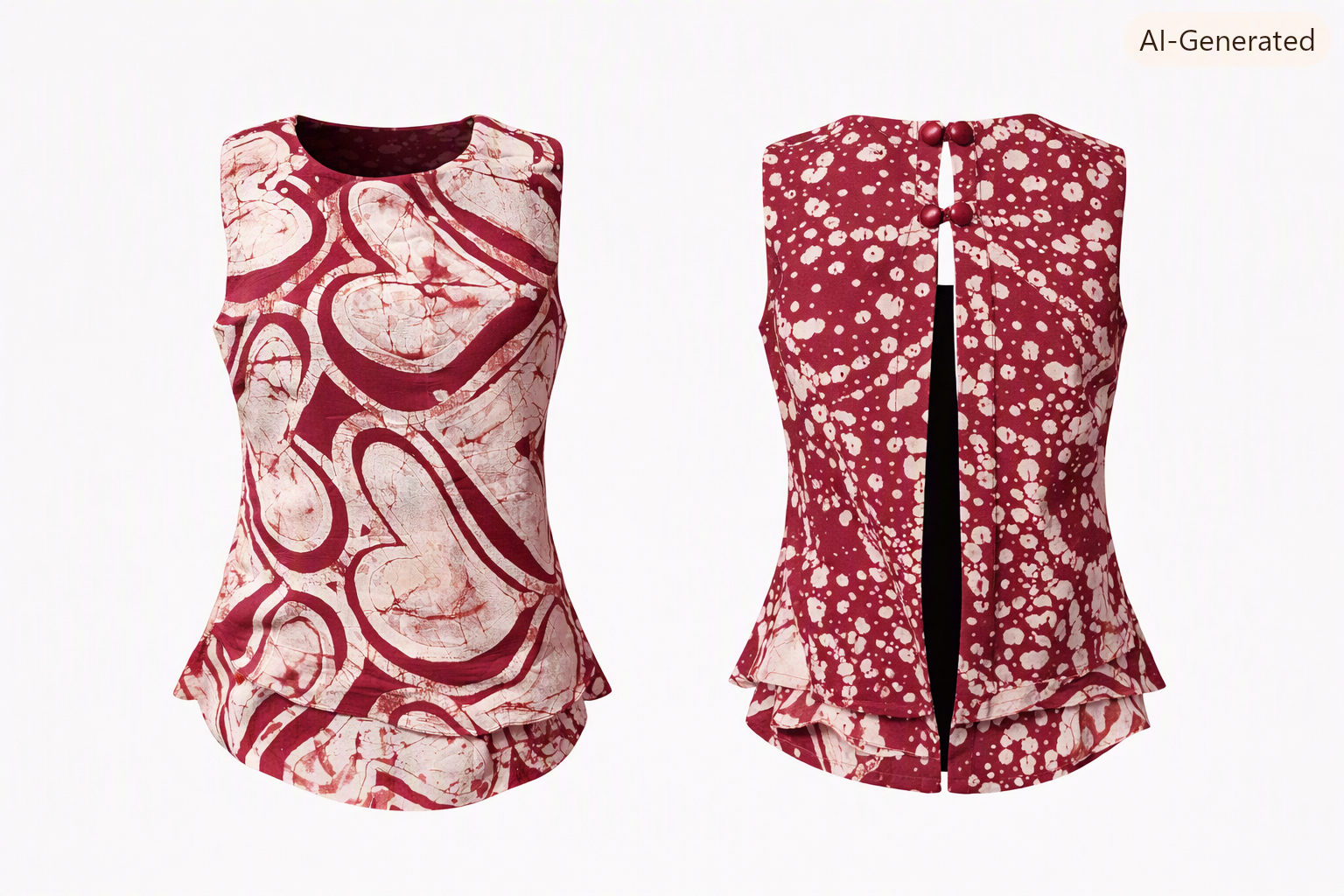 Maroon batik heart-print cotton crepe blouse, front and open-back views