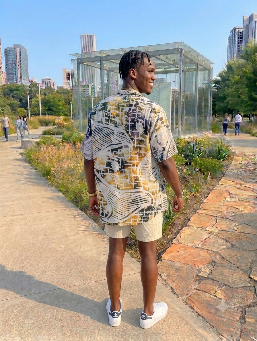 Back view of the men's batik camp shirt showing the hand-drawn ochre pattern