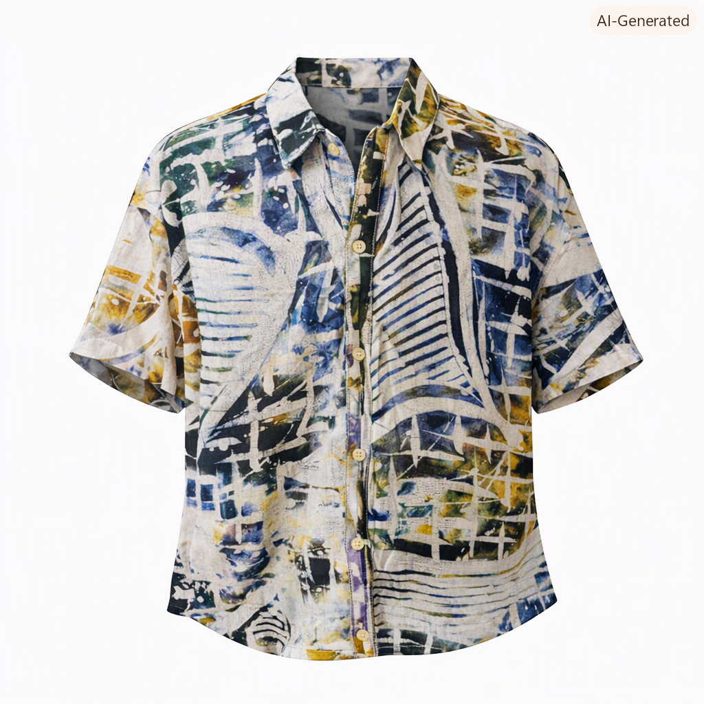 Men's Nigerian batik camp shirt in indigo, ochre and cream on cotton crepe