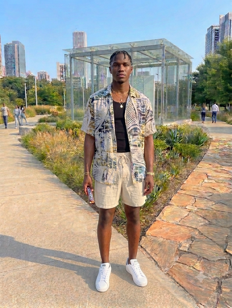 Man wearing the loose batik camp shirt with linen shorts outdoors