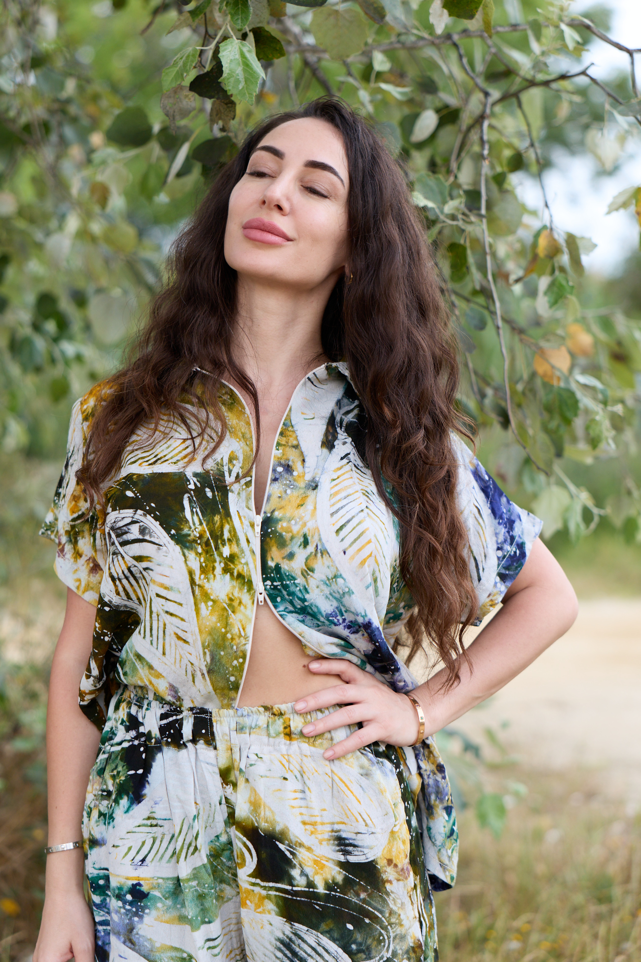 Osun Leaf Batik Co-ord — front view showing the double-sided zip on the cotton crepe top