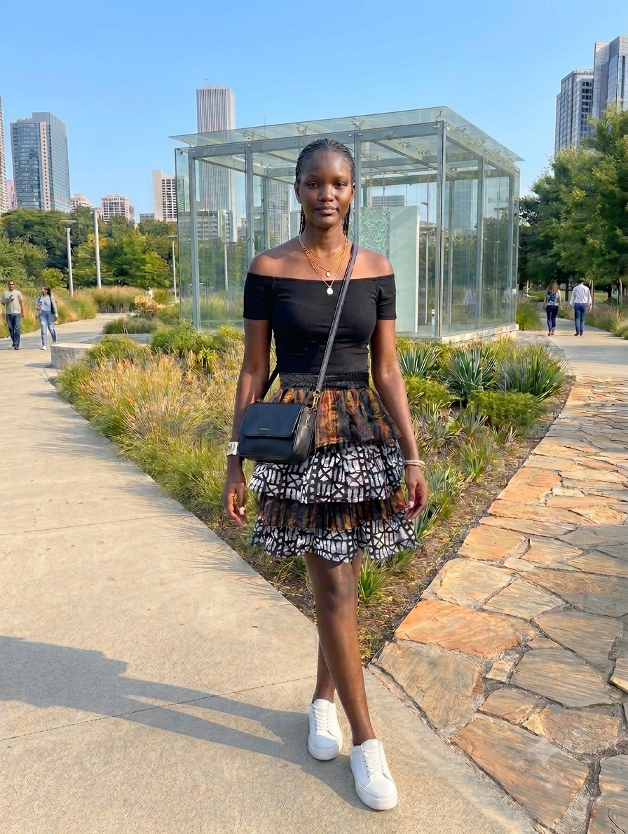 Woman wearing the recycled batik tiered skirt with a black top outdoors