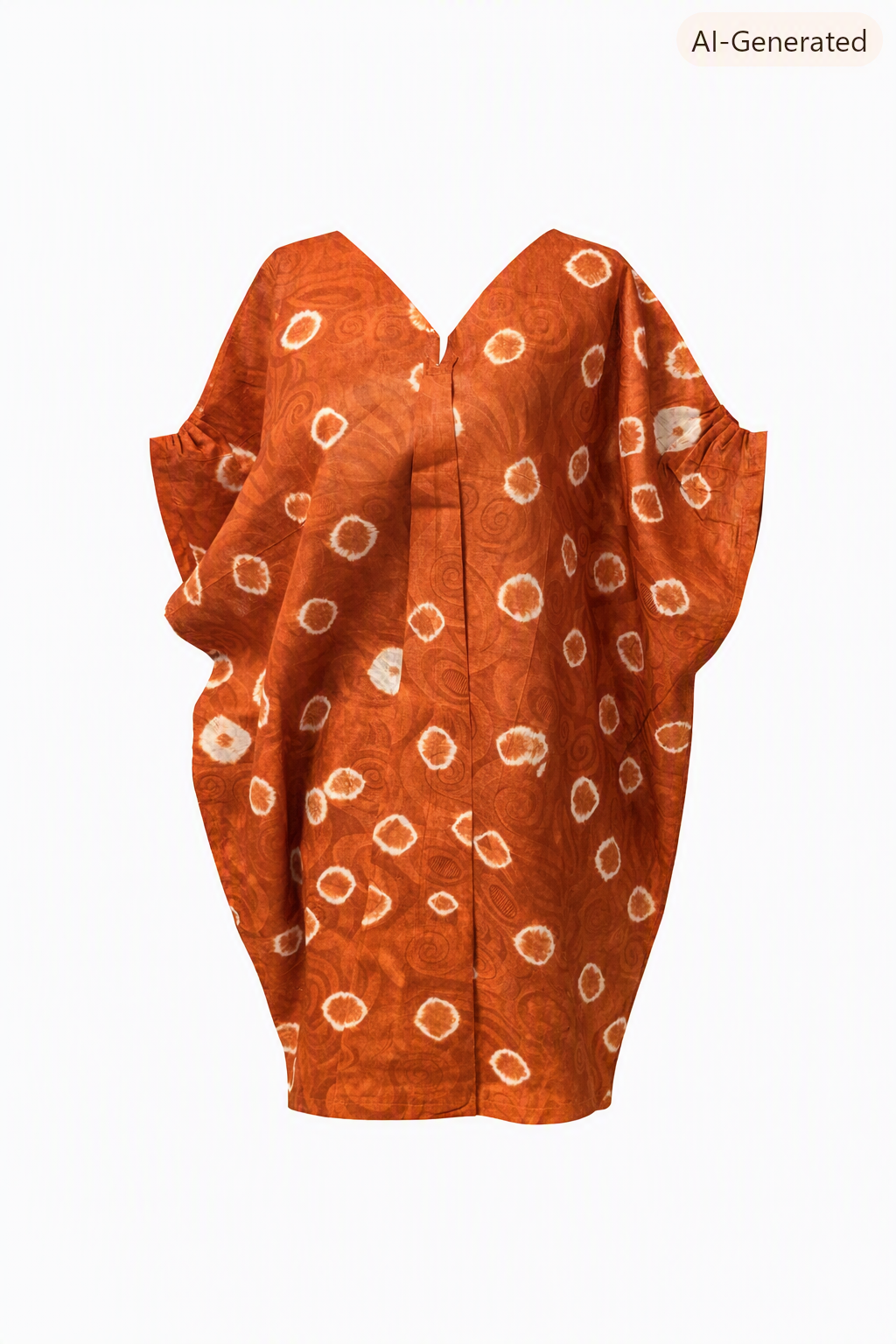 Front view of the red tie and dye cotton short boubou with white circular resist motifs