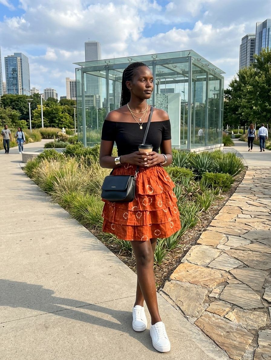Woman wearing a red hand tie-dyed cotton tiered skirt with a black off-shoulder top