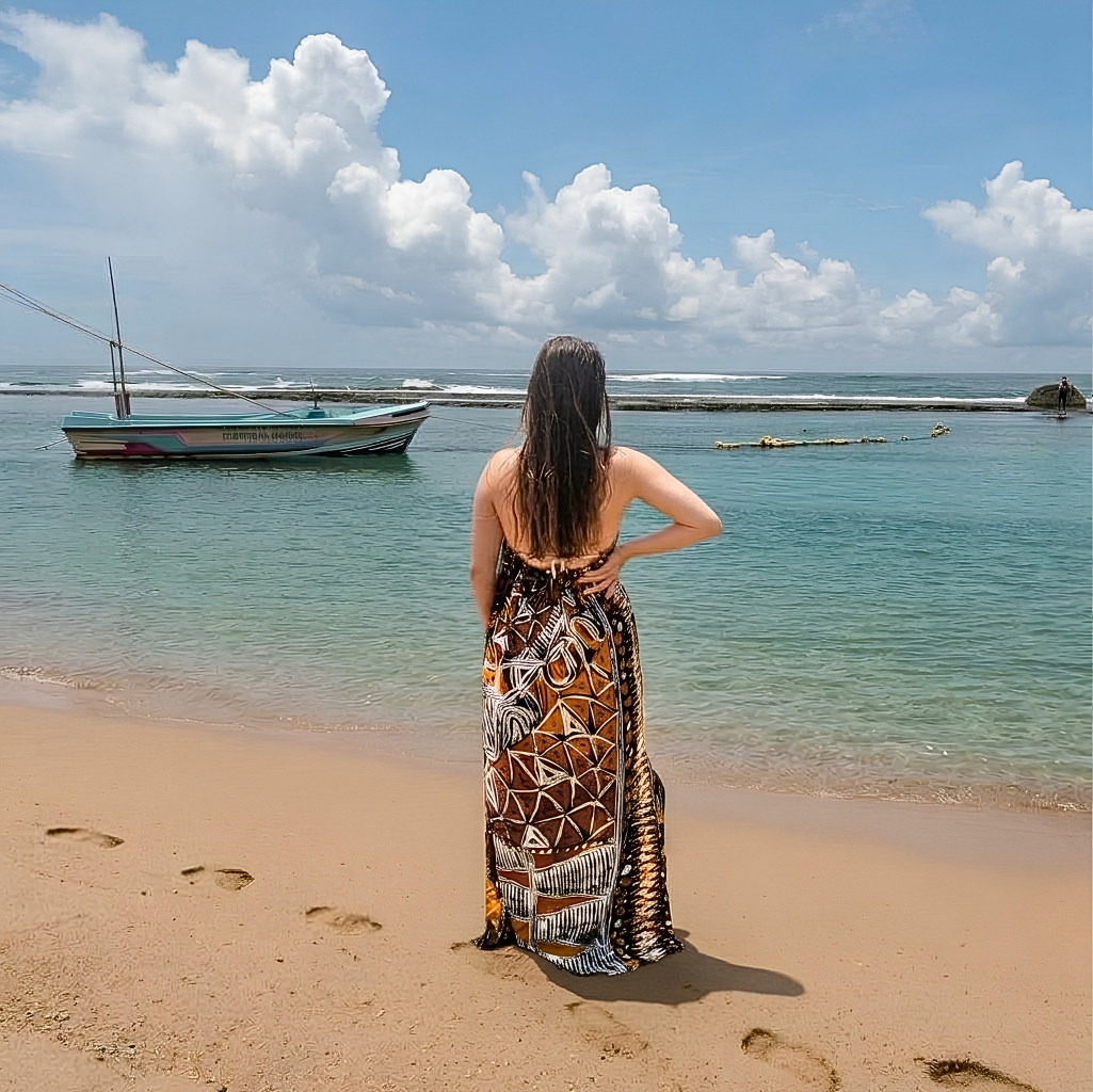 Savanna Batik Dress — back view showing the backless drawstring halter